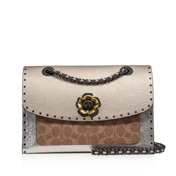 Coach Parker Mixed Media Studded Shoulder Bag 39679 Tea Rose Turnlock - Picture 2 of 16